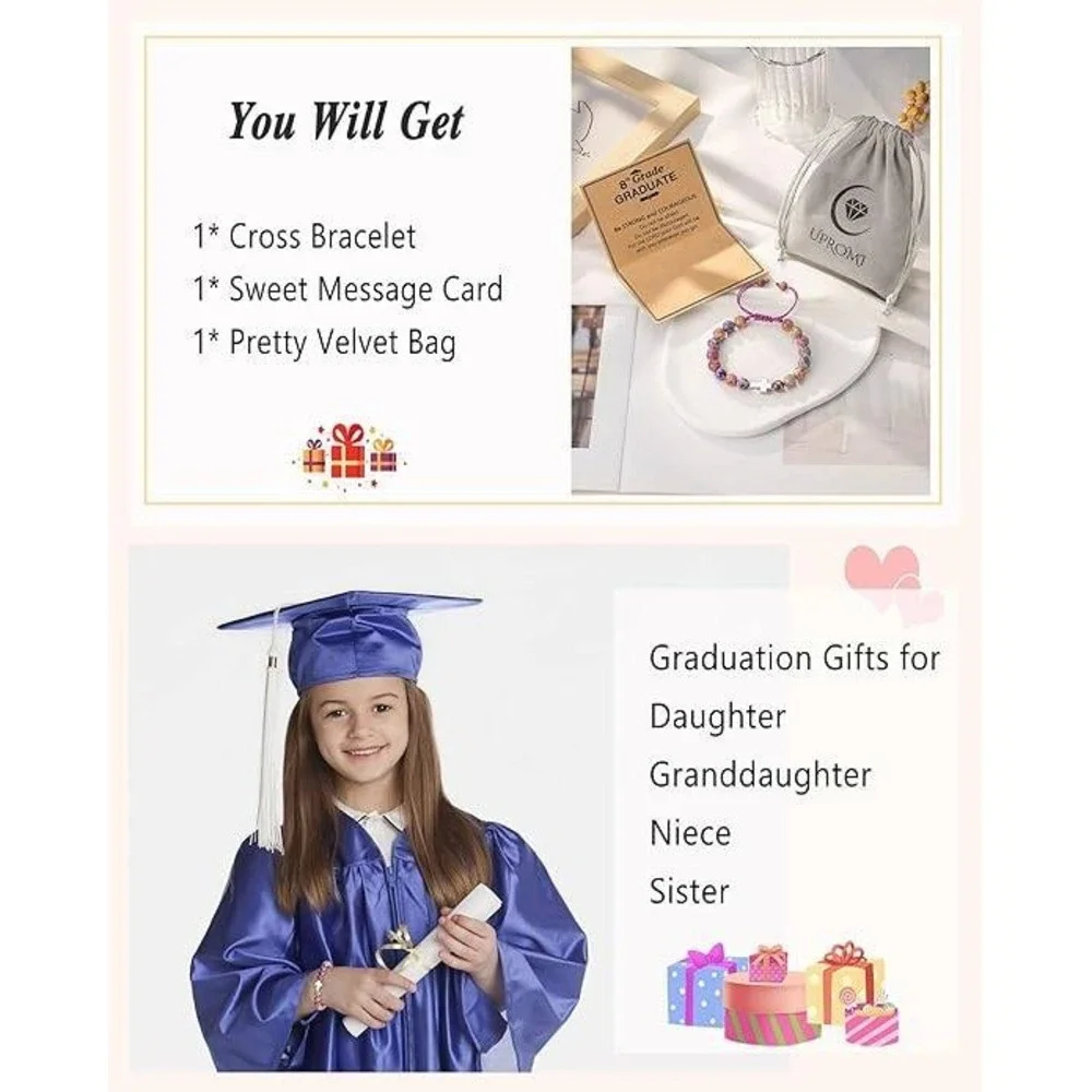 8th Grade Graduate Purple Beaded‎ Cross Bracelet Gift for Daughter Granddaughter